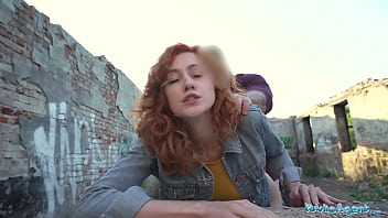 Redheaded European waitress gives a tight blowjob and gets fucked hard outdoors in public